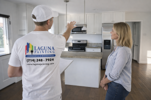 Laguna Painting team member conducting an interior painting walkthrough with a homeowner in a modern kitchen